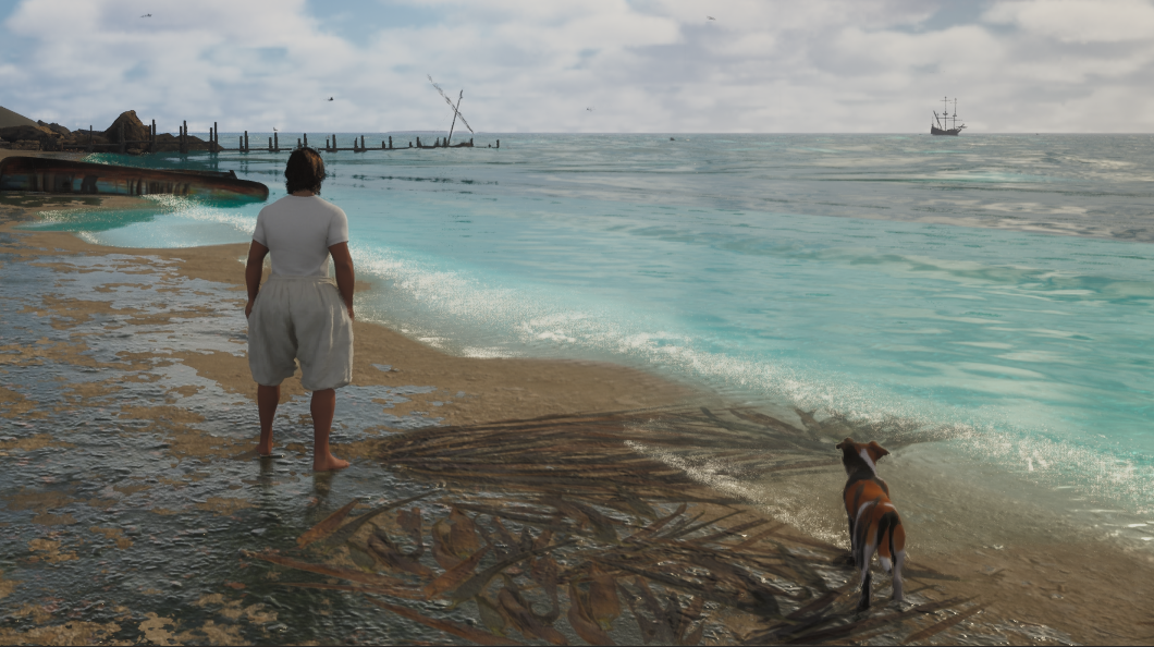 El personaje y su perro en la orilla, con espuma sobre el agua y barcos al fondo