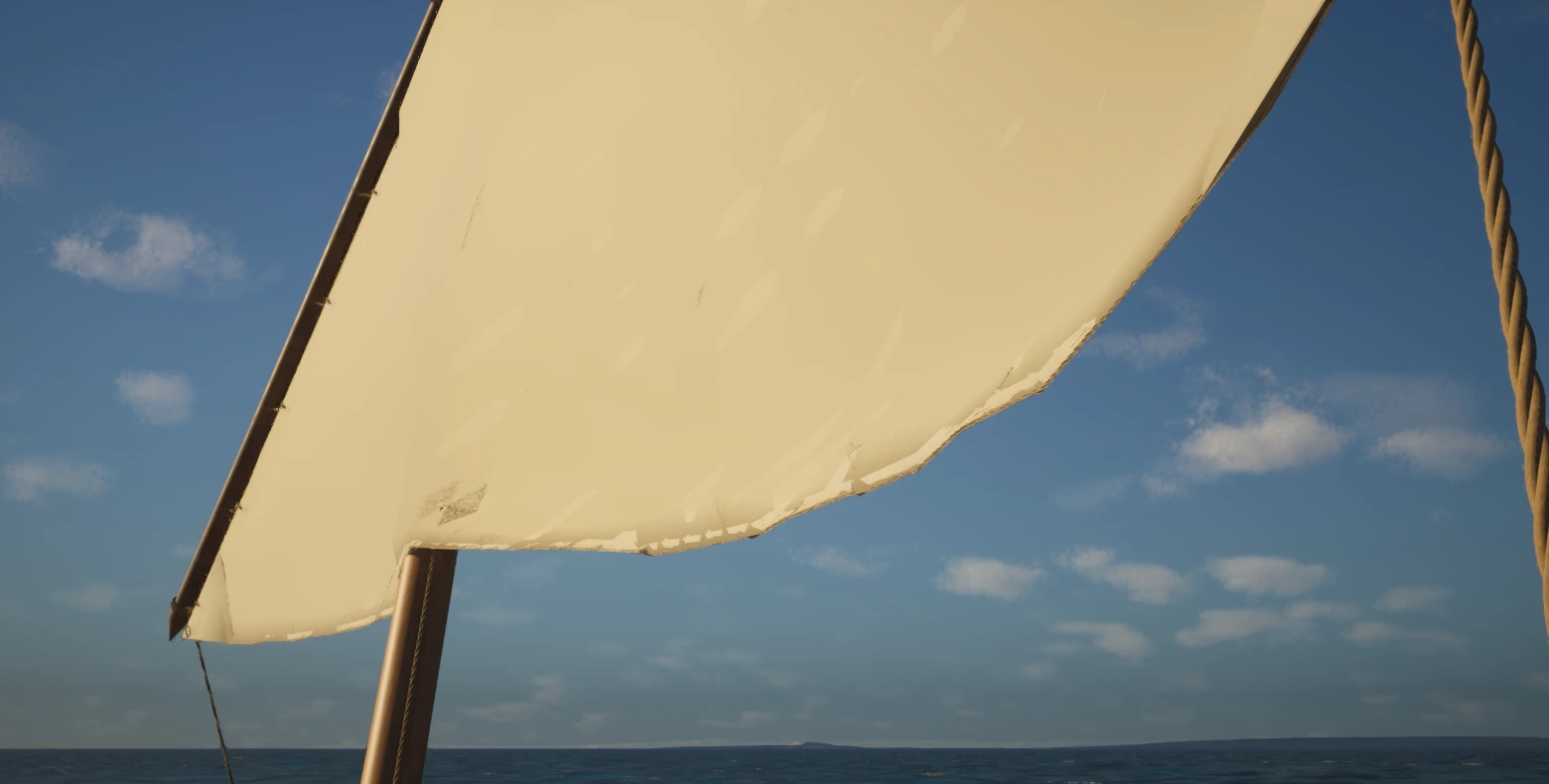 Detalle de la vela latina iluminada por el sol, con el mástil y los cabos sobre el horizonte